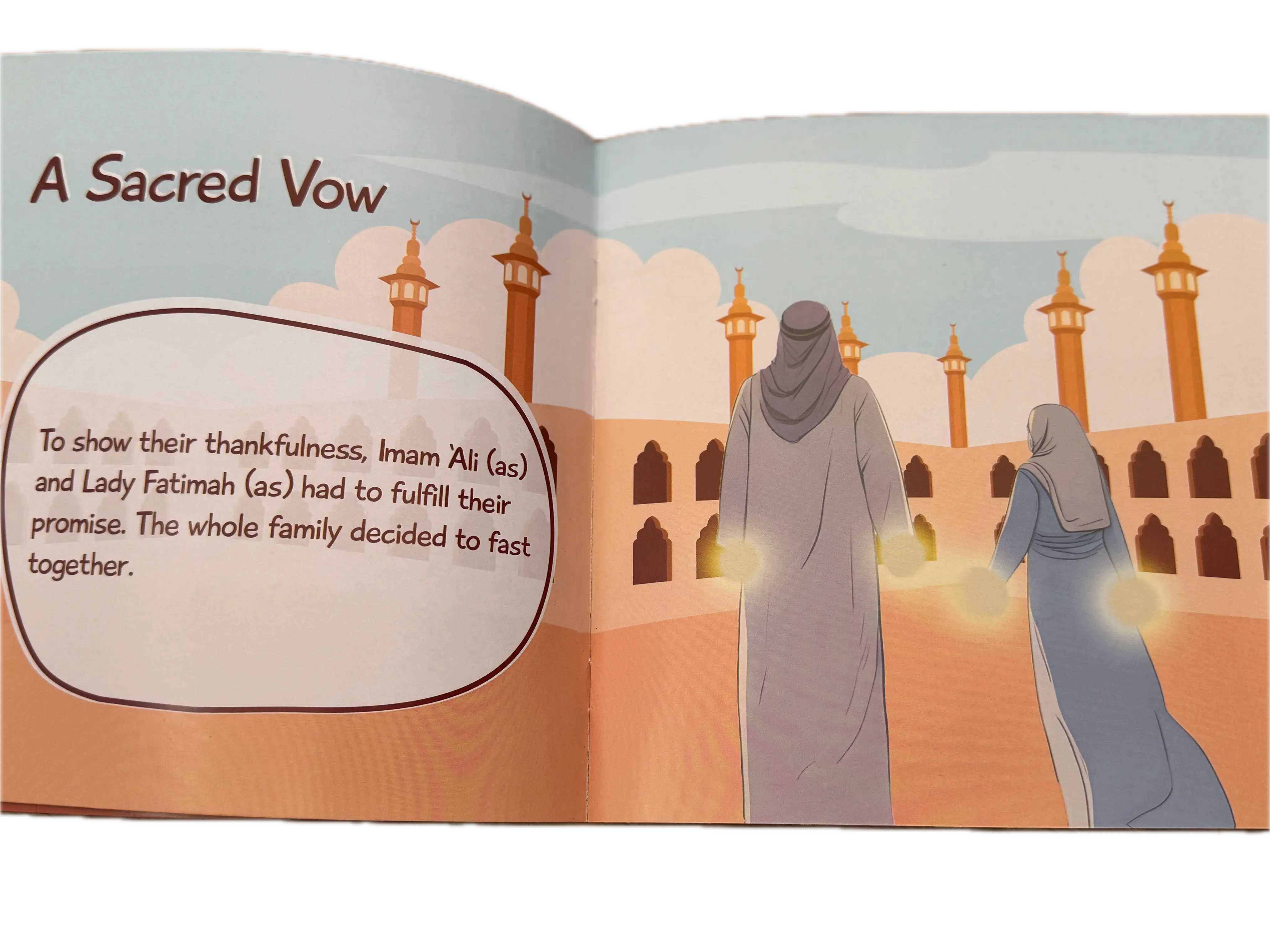 Illustration of Imam Ali (as) and Lady Fatimah (as) in traditional attire with a mosque in the background, accompanied by text about a 'Sacred Vow'.