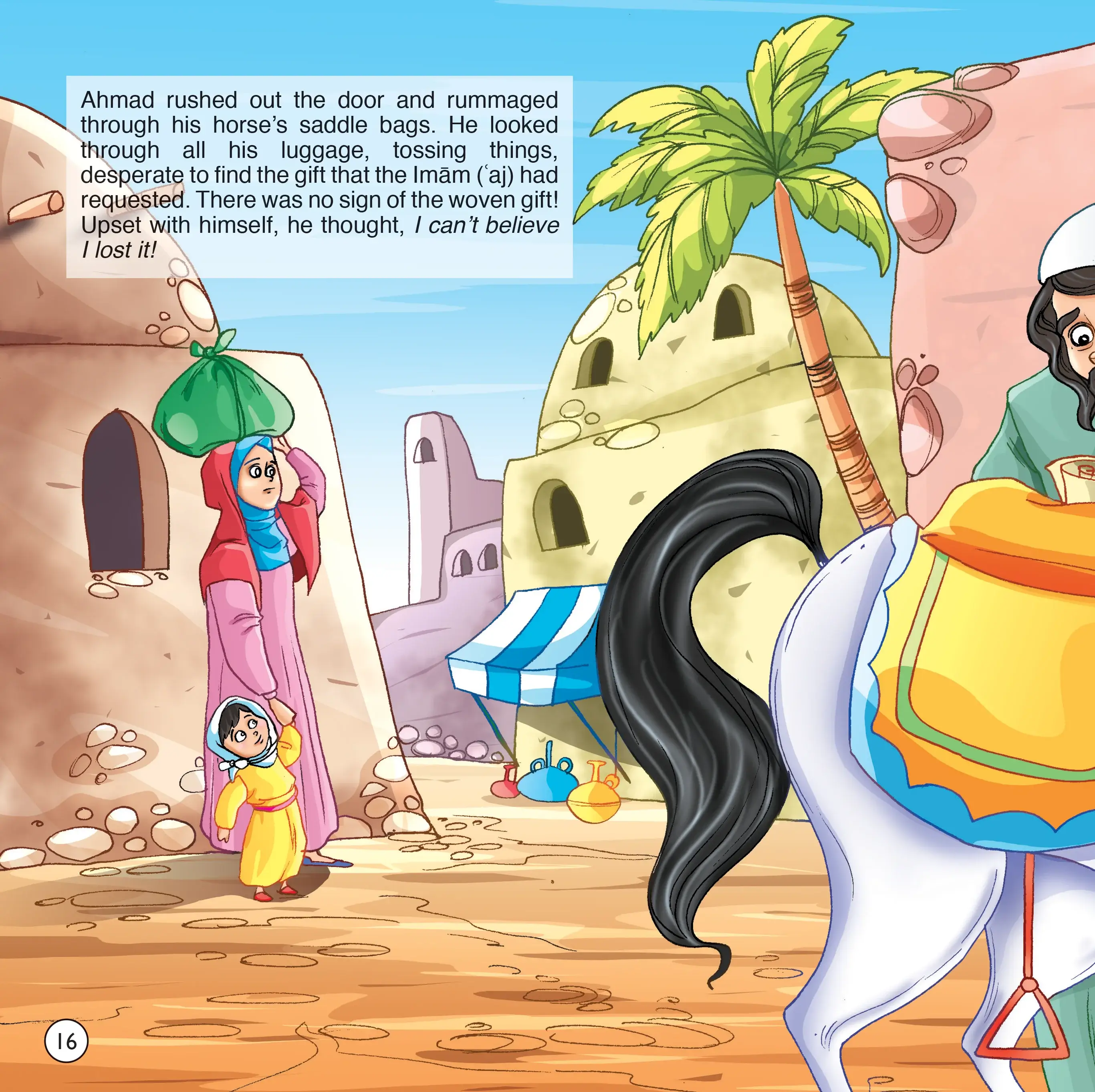Illustration from a children's book with characters and a horse in an outdoor setting.