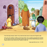 Illustration of a scene from a children's book with characters in traditional attire, set in a village.