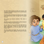 Illustrated book page with a child in a blue outfit and another child, text about Abu Rafi and Husayn.