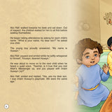 Illustrated book page with a child in a blue outfit and another child, text about Abu Rafi and Husayn.