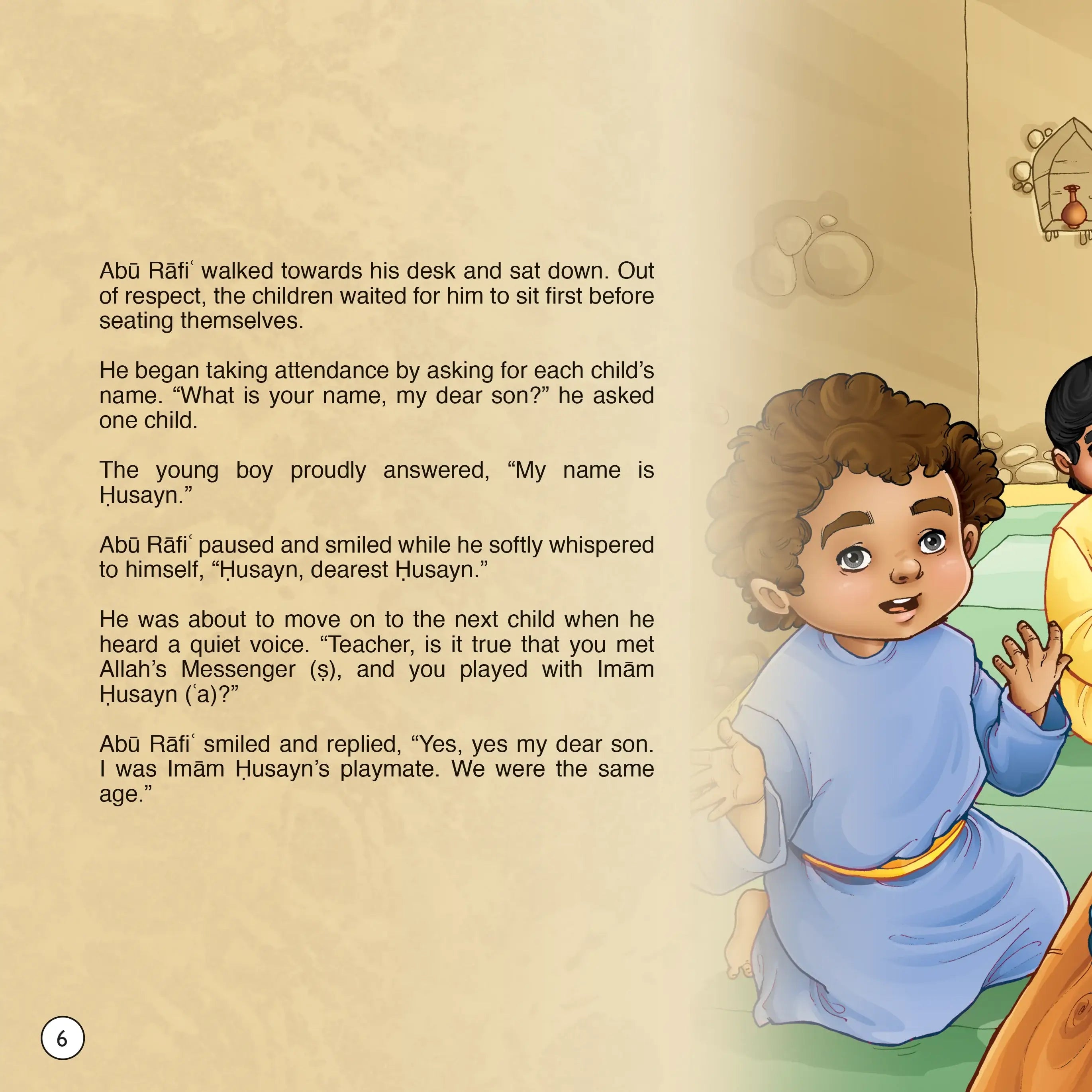 Illustrated book page with a child in a blue outfit and another child, text about Abu Rafi and Husayn.