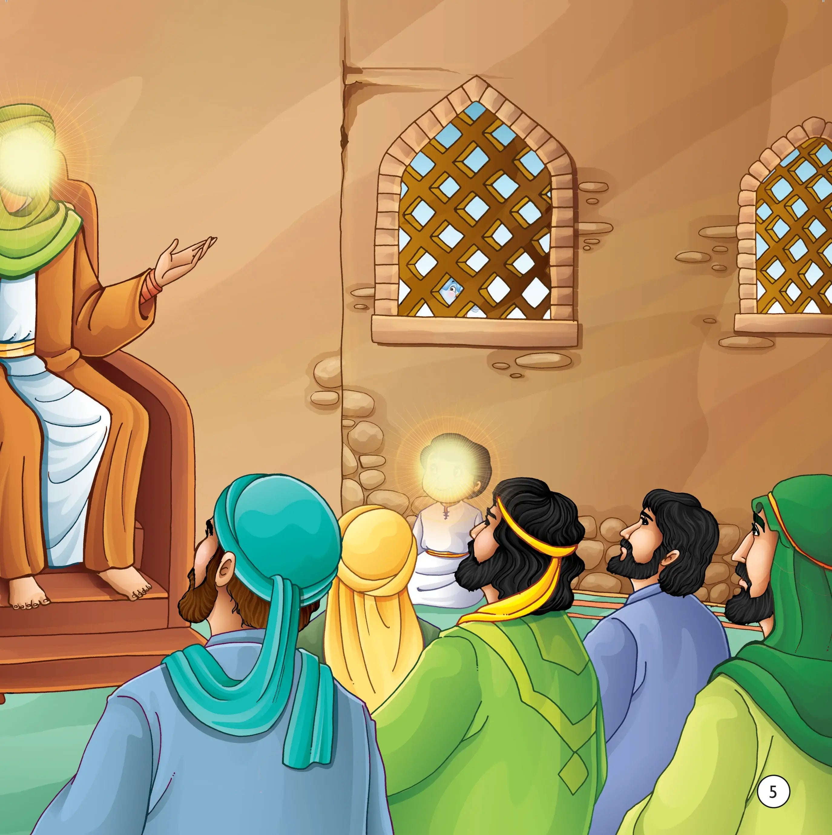 Illustration of a religious gathering with people in colorful headscarves listening to a speaker.