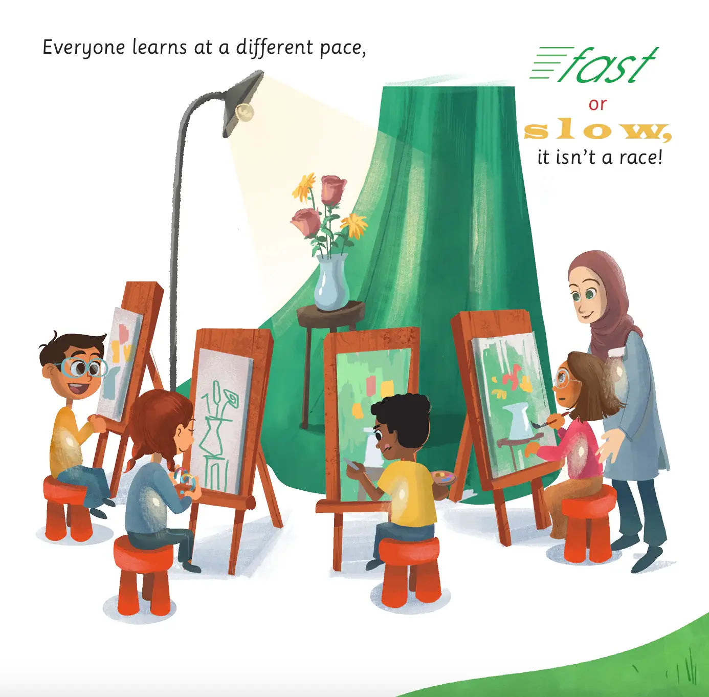 Illustration of children painting with text about learning at different paces