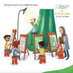 Illustration of children painting with text about learning at different paces