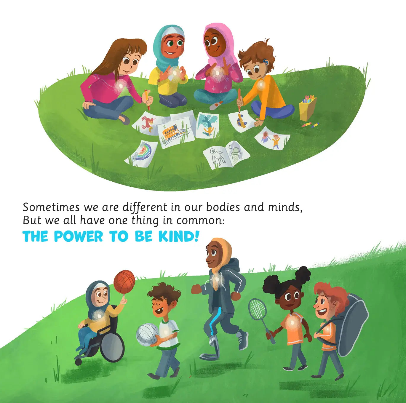 Illustration of children playing together with text about kindness