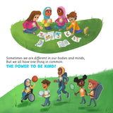 Illustration of children playing together with text about kindness