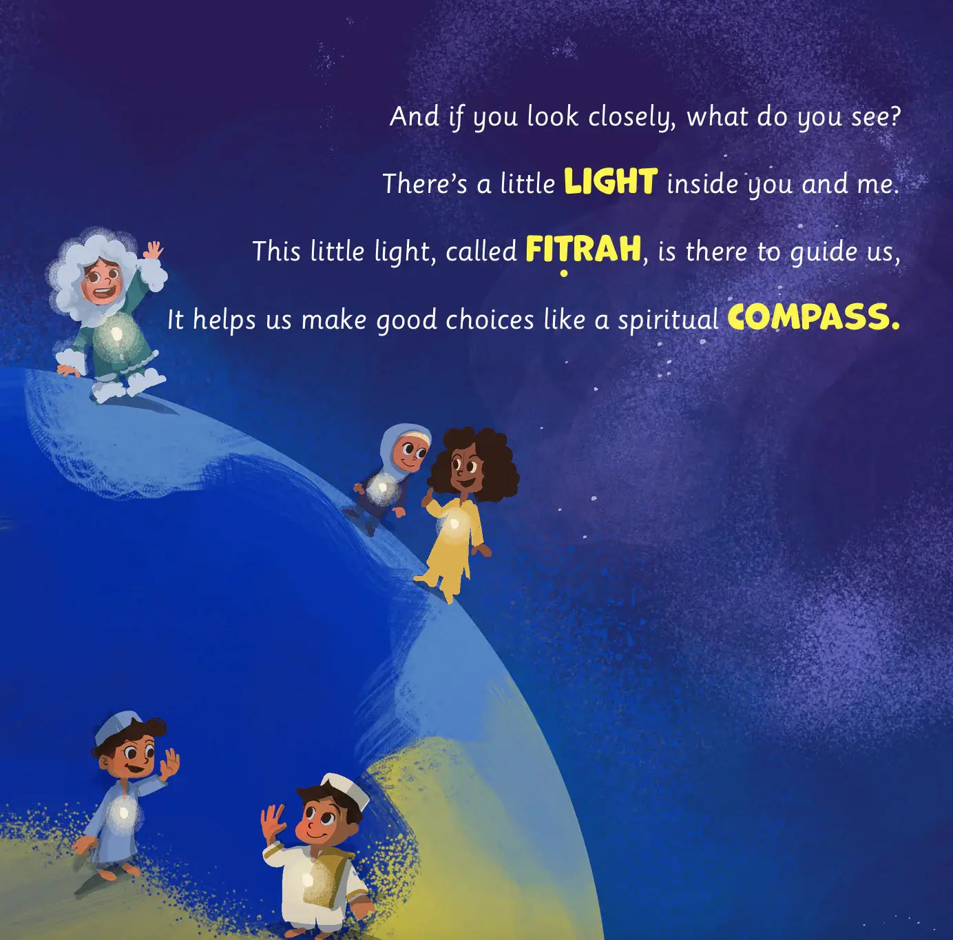 Children's book illustration with characters and text about Fitrah and a spiritual compass on a blue background.