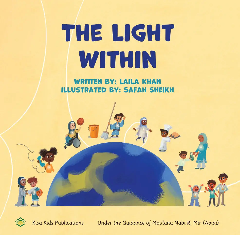 Book cover of 'The Light Within' with illustrations of children around the world and a yellow background.