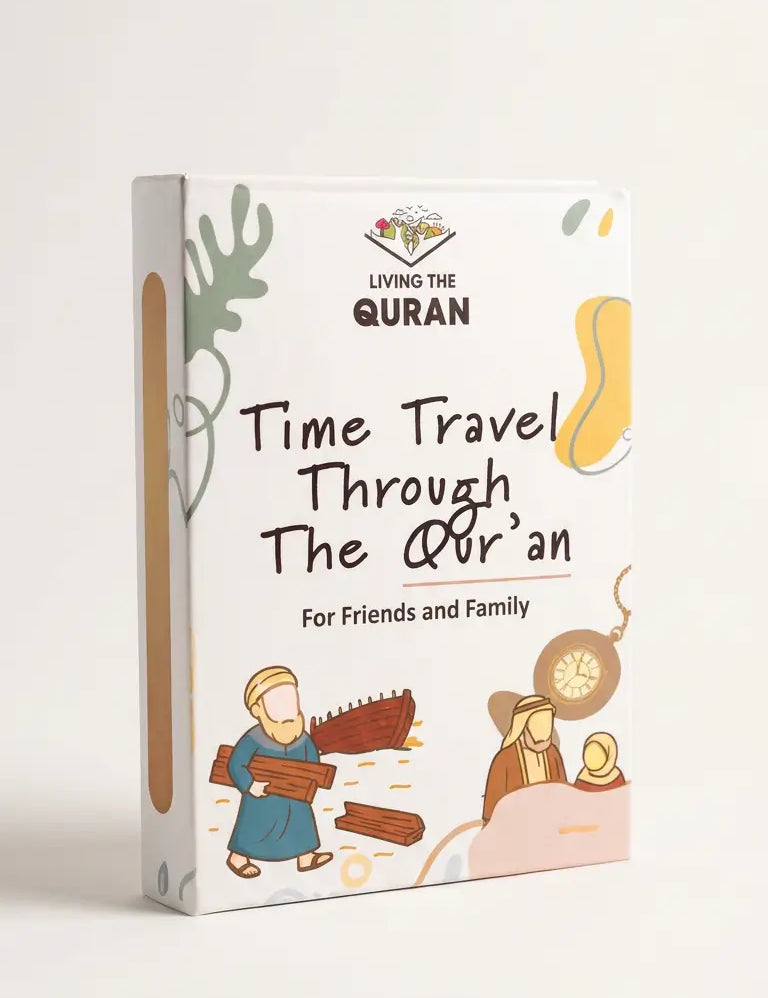 A boxed card game titled "Time Travel Through The Qur'an" with the subtitle "For Friends and Family," shown standing upright on a clean white background. The cover is mostly white with black text and soft pastel illustrations in green, yellow, blue, and pink, plus a small multicolor logo at the top.