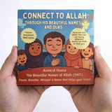 Hand holding a book titled 'Connect to Allah Through His Beautiful Names and Duaas' with colorful illustrations on the cover.