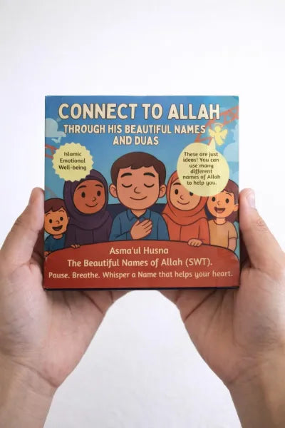 Hand holding a book titled 'Connect to Allah Through His Beautiful Names and Duaas' with colorful illustrations on the cover.