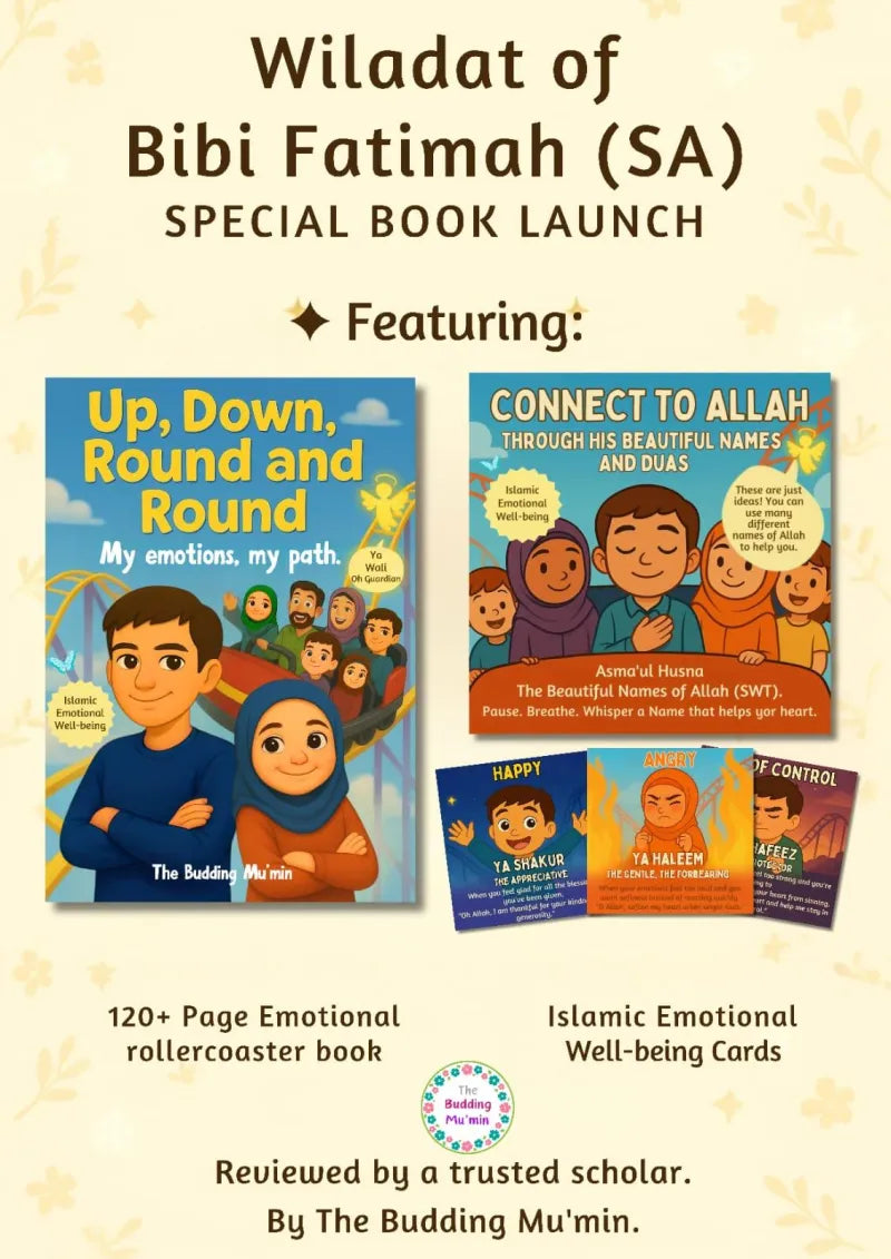 Promotional image for 'Wiladat of Bibi Fatimah (SA)' book launch with book covers and text.