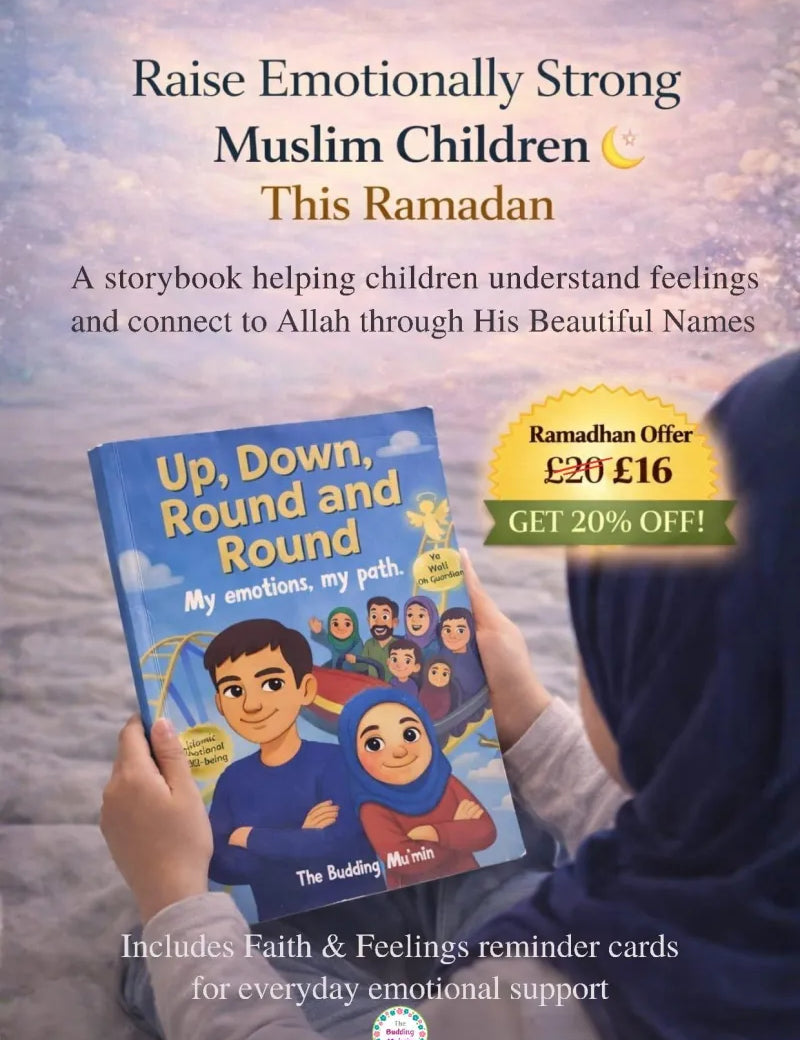 Book titled 'Up, Down, Round and Round' held by a person with promotional text for Ramadan offer.