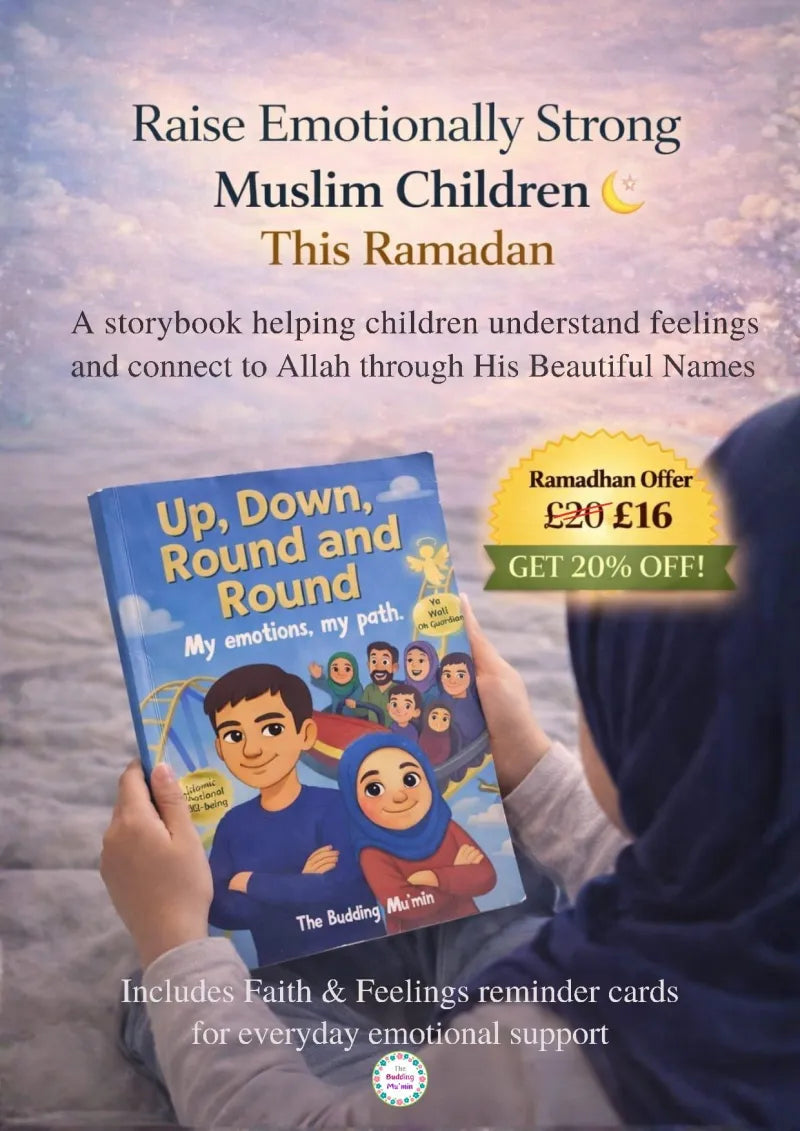 Book titled 'Up, Down, Round and Round' held by a person with promotional text for Ramadan offer.