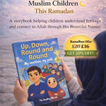 Book titled 'Up, Down, Round and Round' held by a person with promotional text for Ramadan offer.