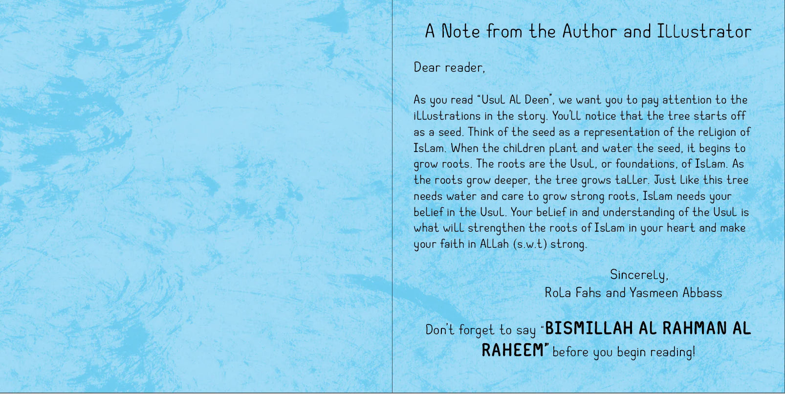 Note from the author and illustrator on a blue textured background - Usul al-Deen by Sanadi Publications