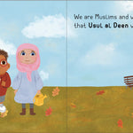 Illustration of three children in a park with a playground in the background, featuring text about Islam. Usul al-Deen by Sanadi Publications