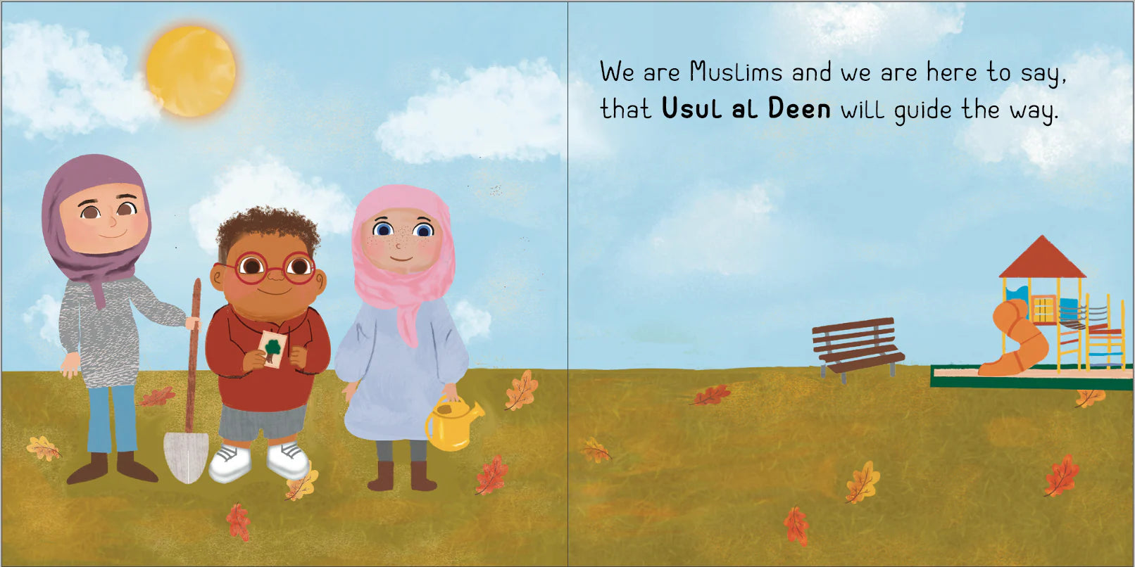 Illustration of three children in a park with a playground in the background, featuring text about Islam. Usul al-Deen by Sanadi Publications