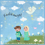 Cartoon children with a dove and flowers on a blue background with 'Kadhimayn!' text.