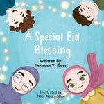 Book cover of 'A Special Eid Blessing' featuring illustrated characters of children wearing traditional clothing with a background of lights and sky.