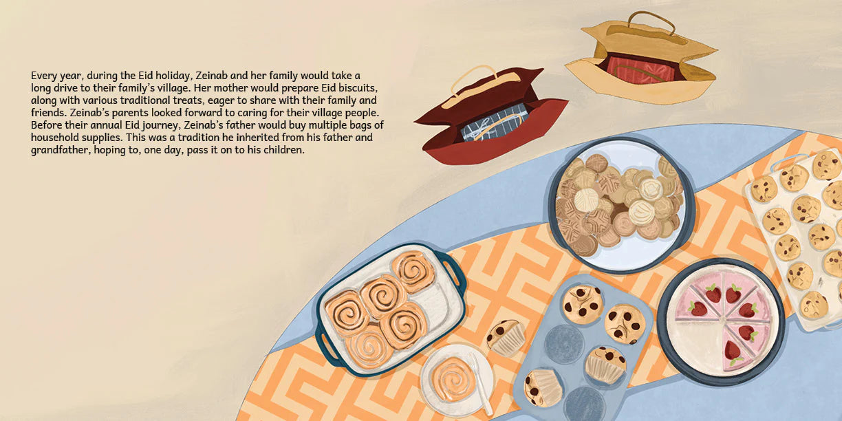 Inside page of 'A Special Eid Blessing' featuring illustrated food buffet celebrating Eid - Book for Shia Kids celebrating Eid