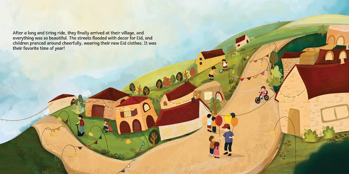 Inside page of 'A Special Eid Blessing' featuring illustrated children with colourful balloons celebrating Eid - Book for Shia Kids celebrating Eid