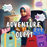 Game cover of 'Adventure Quest' with a character in a hijab surrounded by colourful bags and suitcases.