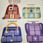 Four bags labeled 'My Ziarah Bag', 'My Hajj Bag', 'My Masjid Bag', and 'My Madrasah Bag' on a white background.