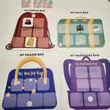 Four bags labeled 'My Ziarah Bag', 'My Hajj Bag', 'My Masjid Bag', and 'My Madrasah Bag' on a white background.