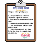 Adventure quest instructions on a clipboard with colorful text.