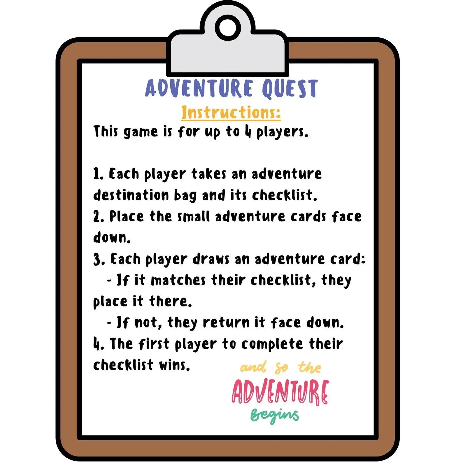 Adventure quest instructions on a clipboard with colorful text.