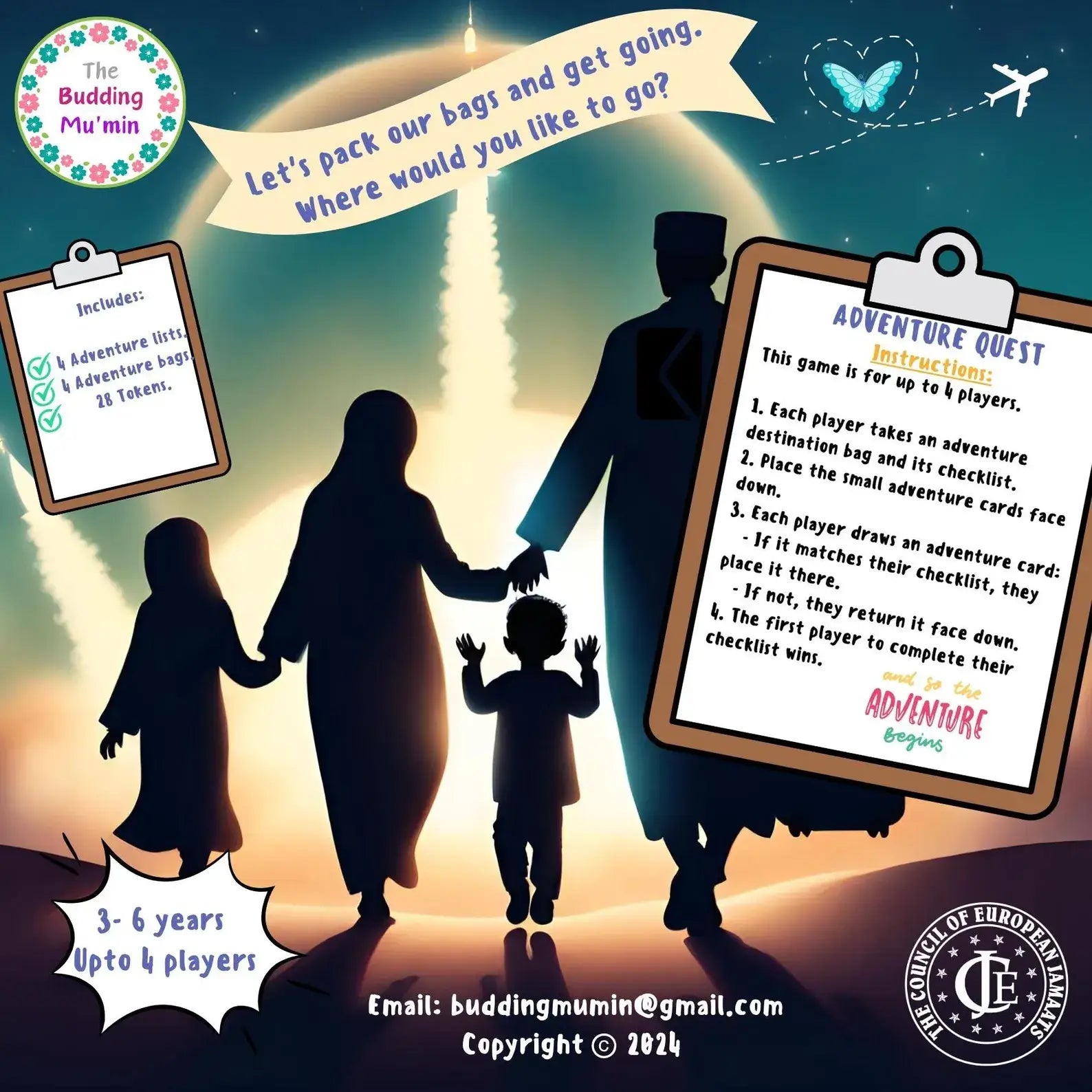 Silhouette of a family with a clipboard and adventure quest game, set against a starry night sky.