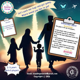 Silhouette of a family with a clipboard and adventure quest game, set against a starry night sky.