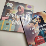 Two books titled 'Adventures' and 'I am going on a Ziarat trip' with a child on the cover.