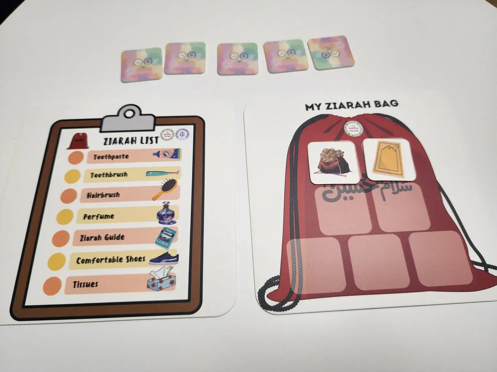 Educational materials about ziarah (a type of pilgrimage) with a checklist and bag illustration on a white background.