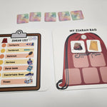 Educational materials about ziarah (a type of pilgrimage) with a checklist and bag illustration on a white background.