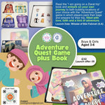 Advertisement for Adventure Quest Game plus Book by The Budding Mumin with colorful graphics and text. Available on Shia Kids