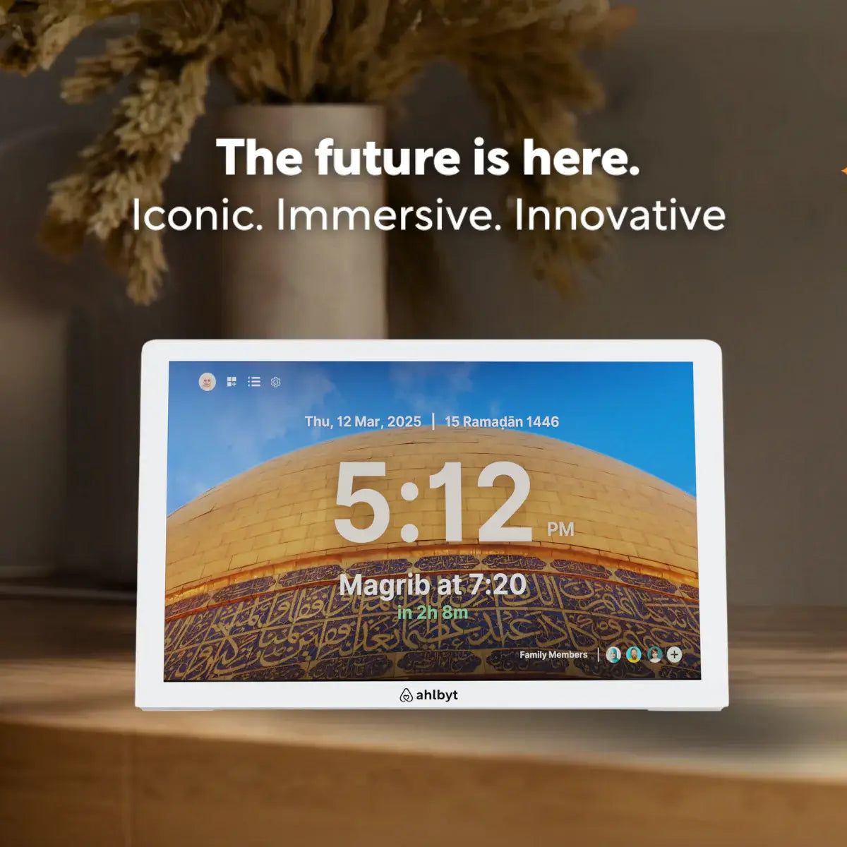 Ahlbyt Portal showing time and prayer information with text 'The future is here. Iconic.