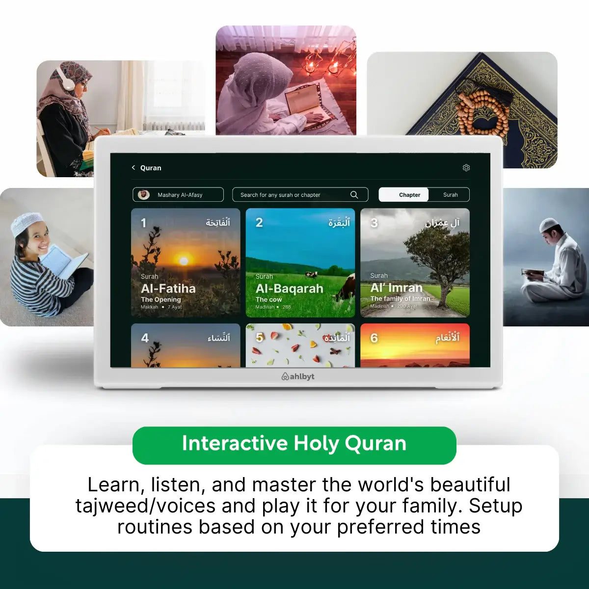 Ahlbyt Portal displaying an Interactive Holy Quran app with various scenes and text.