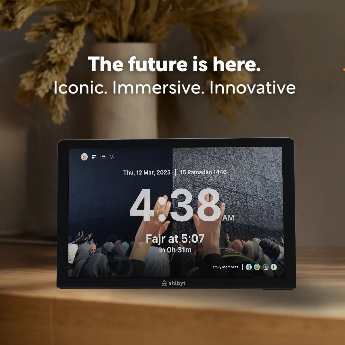 Digital display showing time and azan information with text 'The future is here.'