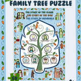 A colorful Ahlulbayt family tree puzzle box with illustrations of characters and a tree, indicating different generations and relationships, designed for children aged 4+.