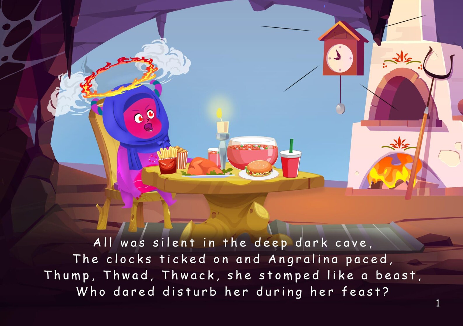 Animated character in a cave with food and a clock, text overlay.