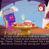 Animated character in a cave with food and a clock, text overlay.