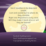 Back cover of the book. Cartoon moon with text and a logo on a purple night sky background
