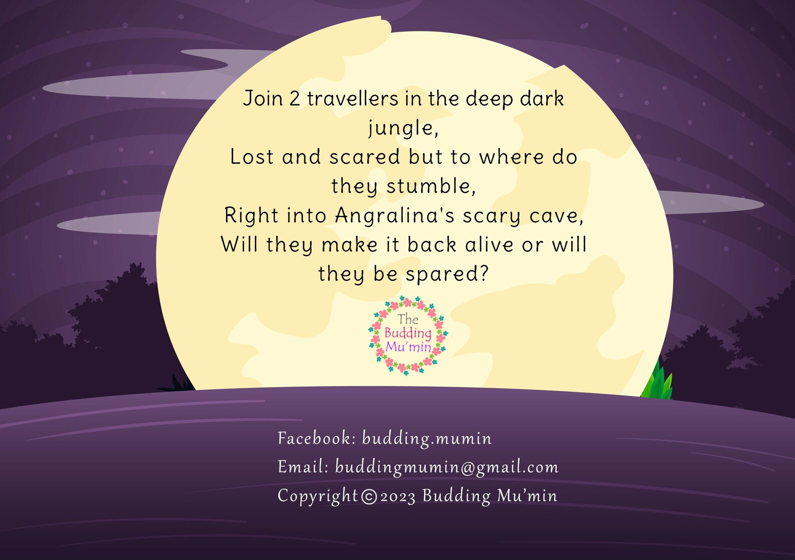Back cover of the book. Cartoon moon with text and a logo on a purple night sky background