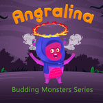 Cartoon character with a halo in a dark forest setting, part of the 'Budding Monsters Series' by Angralina.