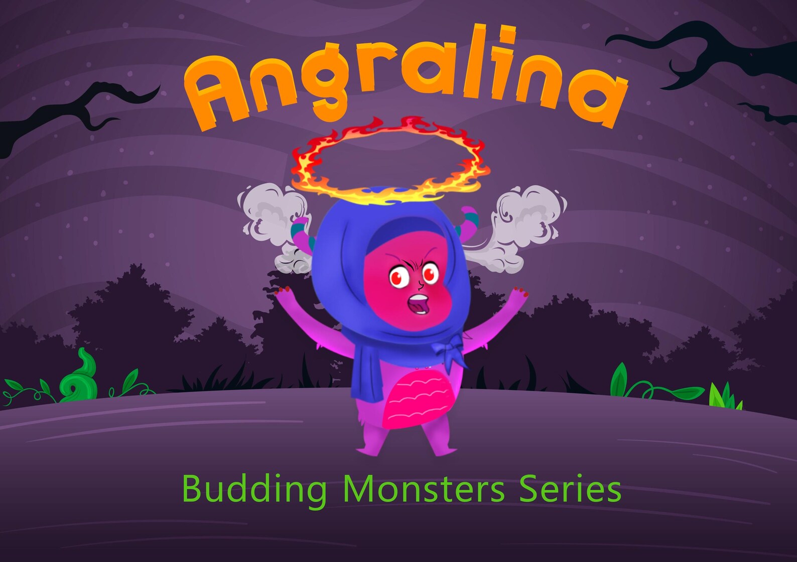 Cartoon character with a halo in a dark forest setting, part of the 'Budding Monsters Series' by Angralina.