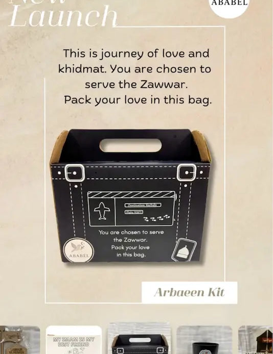 Promotional image of an Arbaeen Kit with text about serving the Zawwar and Abael branding.
