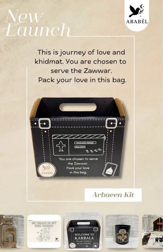 Promotional image of an Arbaeen Kit with text about serving the Zawwar and Abael branding.